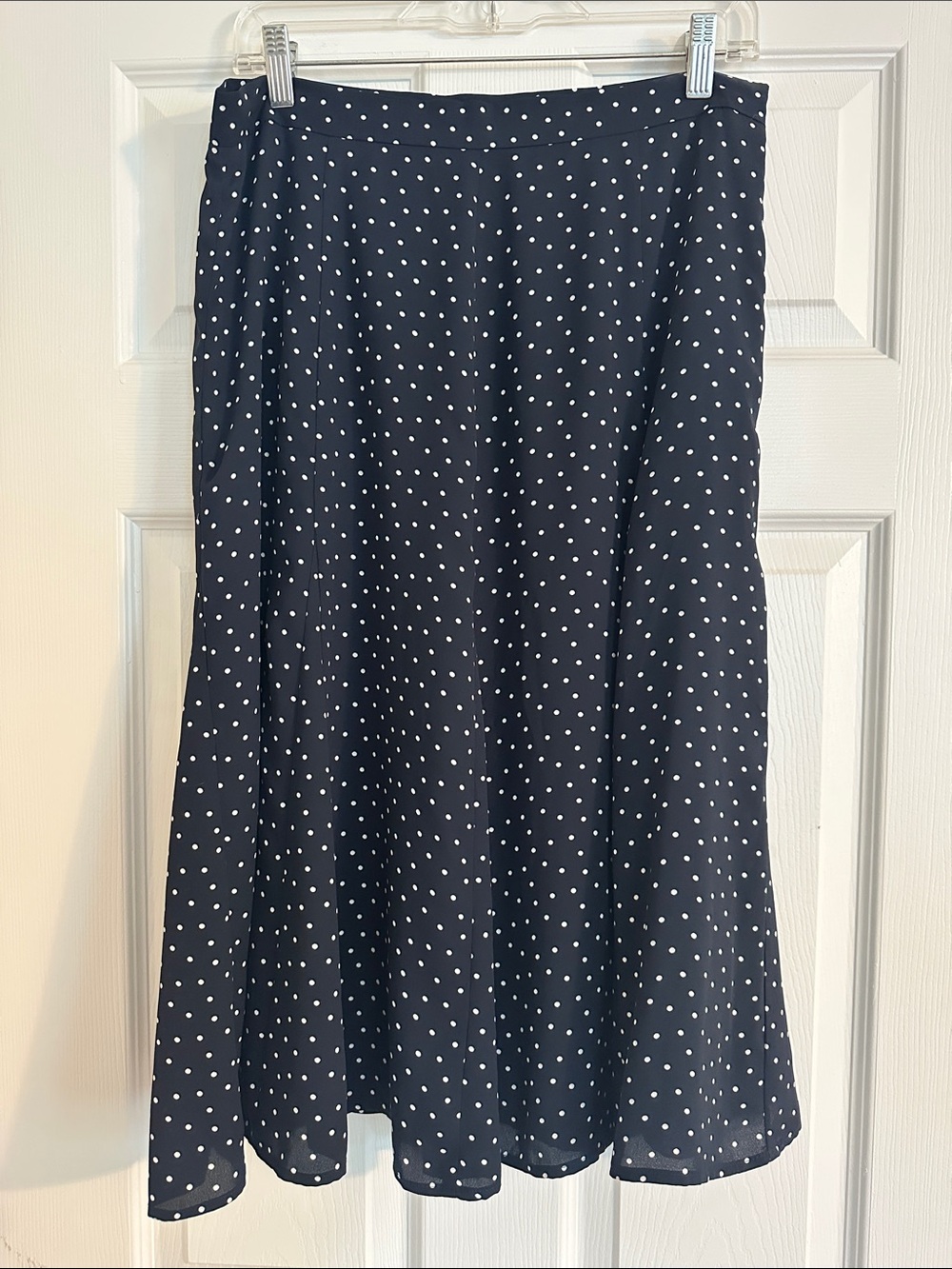 LOFT Navy A-Line Midi Skirt with White Polka Dots